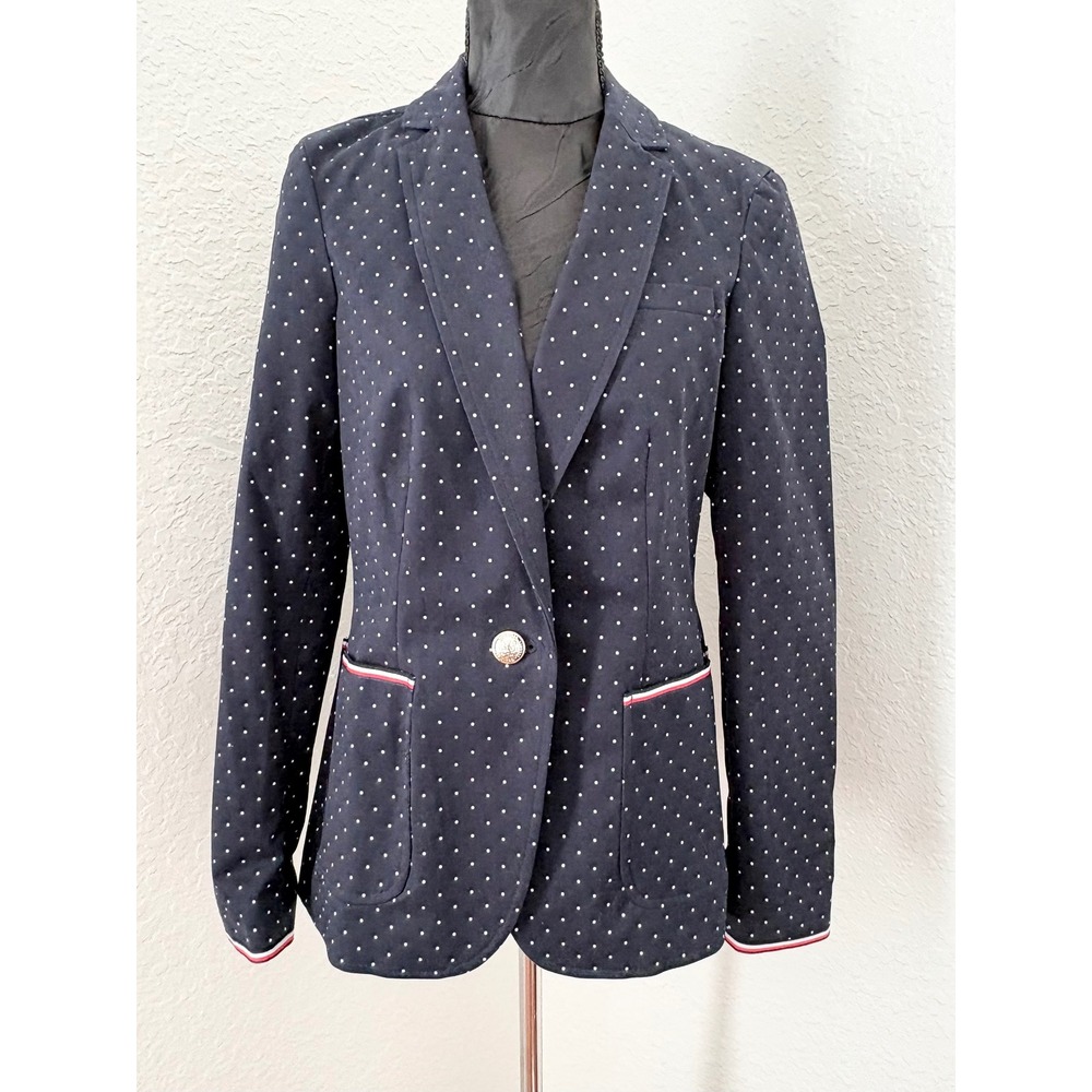 Tommy Hilfiger Polka Dot Crest Button Blazer Womens 6 Navy-Blue 100% Cotton NWOT